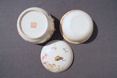 Een Chinese qianjiang cai dekselkom, Qianlong merk, 19/20e eeuw